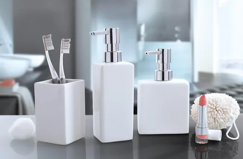 Vista 2 de Kleine Wolke Dispensador de jabón líquido de porcelana moderna para baño, 10 onzas, corto, dispensador de jabón flash de baño de lujo (blanco)