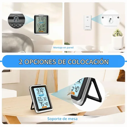 Vista 7 de Geevon Termómetro e higrómetro inalámbrico para interiores/exteriores, sensor digital de temperatura y humedad con hora, reloj, rango de 200 Negro B