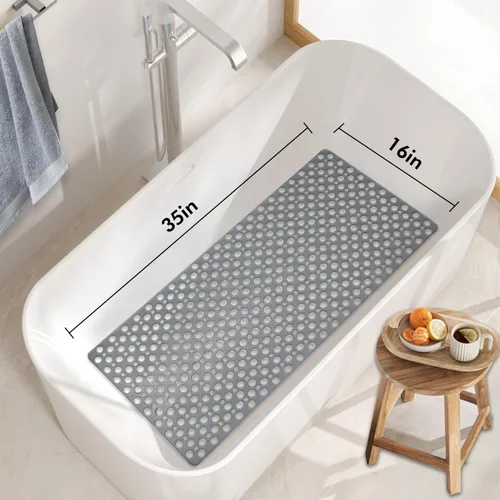 Vista 7 de Tiamo Tapete TPE para bañera y ducha, tapete grande de 35 x 16 pulgadas, antideslizante, lavable a máquina con agujeros de drenaje, ventosas