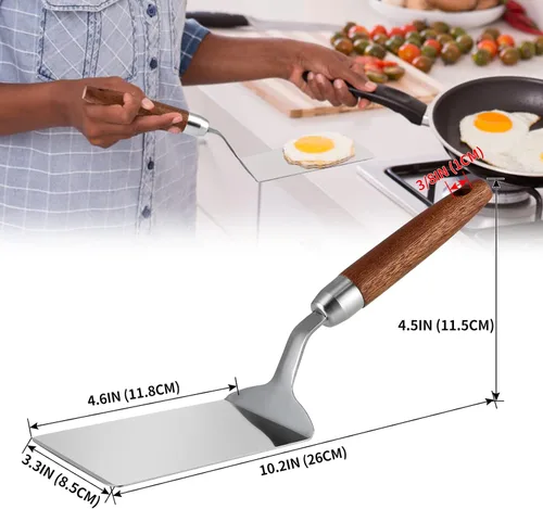 Vista 4 de Espátula de acero inoxidable con mango de madera, volteador de panqueques antiadherente, aleta de huevo frito para cocinar, freír, asar a