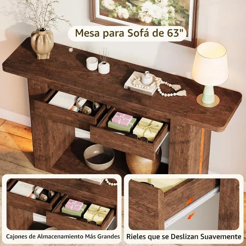 Vista 4 de iPormis Mesa de entrada de 63 pulgadas de largo con 2 cajones de almacenamiento y luces LED, mesa consola estrecha detrás del sofá, mesa de pasillo