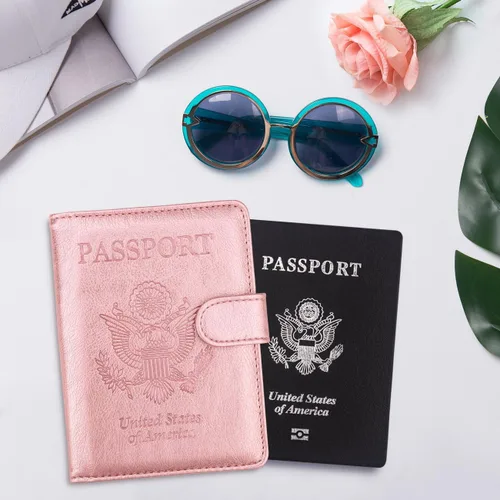 Vista 7 de WALNEW Funda para pasaporte, funda para pasaporte, tarjeta, cartera, E-oro rosa, Estilo E