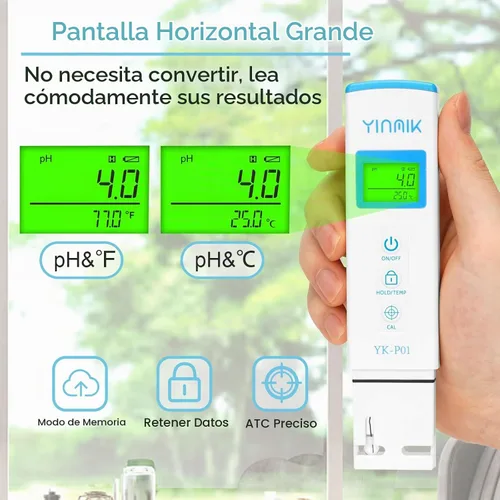 Vista 3 de YINMIK Medidor de pH, Probador de pH Digital para Hidroponía, Medidor de pH y Temperatura con Pantalla Horizontal para Piscina, Spa, Bañera