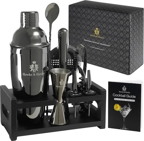 Vista 5 de Hawke & Hanley Mixology Bartender Kit: juego de coctelera con una coctelera de Martini, herramientas de bar y soporte de bambú negro Kit