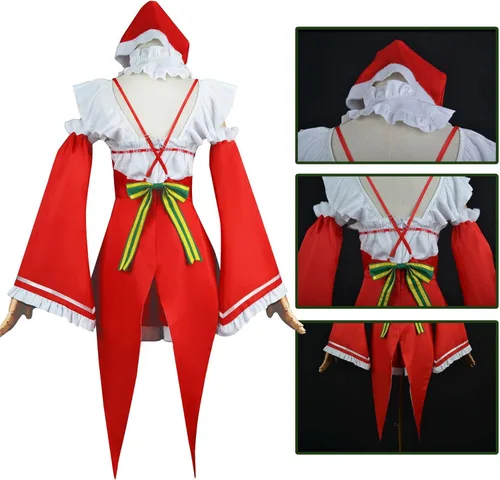 Vista 3 de Rem Ram cosplay Red Maid dress Christmas Costume Christmas Hat Lolita masquerade dress