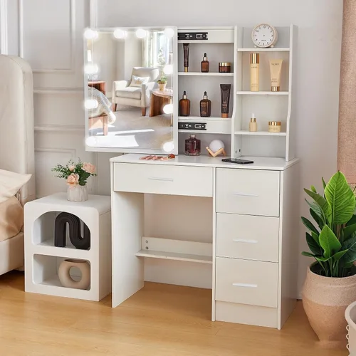 Vista 17 de Escritorio blanco cálido con espejo iluminado LED, mesa de tocador de maquillaje con armario izquierdo iluminado, 6 cajones y taburete, tocador