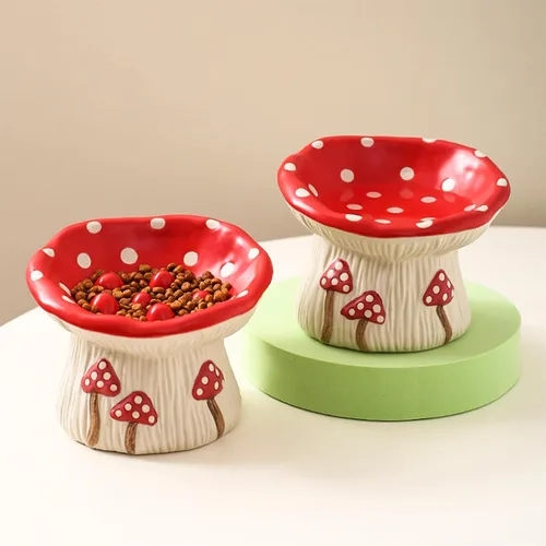Vista 8 de Alimentador lento de cerámica para gatos, Tazón elevado de comida con forma de hongo lindo, Plato elevado poco profundo para gatos, Cuencos