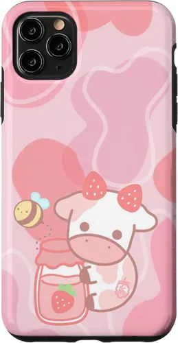Vista 13 de Funda Kawaii para iPhone 12, diseño de vaca fresa, color rosa