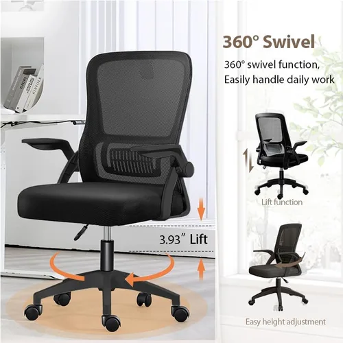 Vista 4 de Silla de oficina, silla de escritorio ergonómica, silla de malla transpirable, silla giratoria con brazos abatibles y soporte lumbar, silla