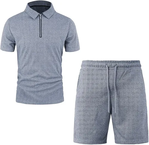 Vista 4 de Wangdo Conjunto deportivo de 2 piezas de camisa polo y pantalones cortos para hombre, trajes de verano casuales de manga corta con cremallera