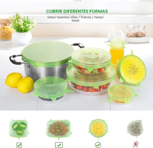 Vista 6 de Tapas elásticas de silicona para almacenamiento de alimentos en el refrigerador, paquete de 12 tapas de silicona, fundas reutilizables de silicona