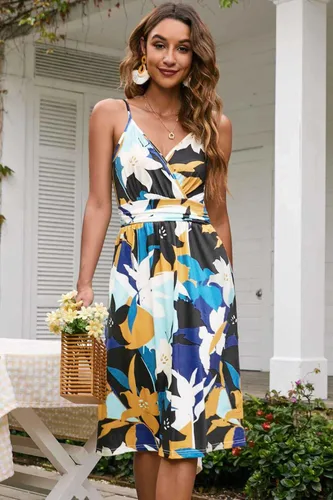 Vista 4 de Ouges Vestido corto de verano para mujer, con cuello en V, tirantes delgados, estampado floral y bolsillos, de fiesta