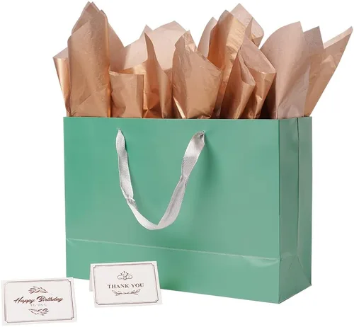 Vista 2 de ysmile Bolsa de regalo verde extra grande individual con papel de envoltura para mujeres 16.5 "Bolsa de papel preminum con asa