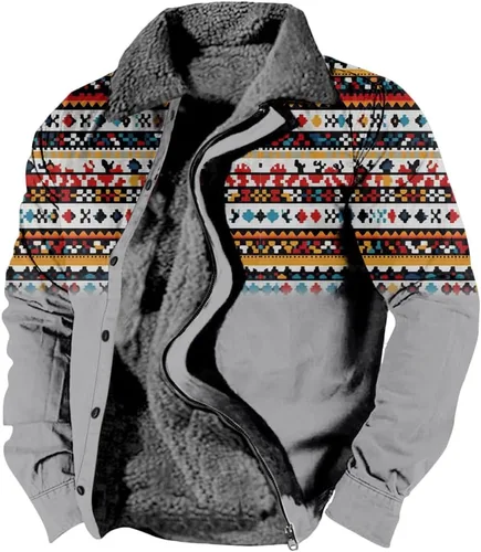 Vista 12 de LOAIHA Chaqueta de invierno para hombre, chaqueta azteca occidental para hombre, con cremallera, forro polar cálido, chaqueta vaquera, étnica vintage
