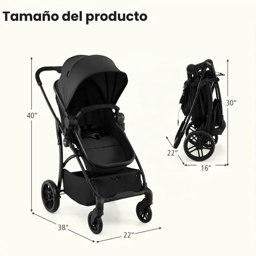 Vista 9 de INFANS Cochecito de bebé 2 en 1, cochecito convertible con moisés, asiento reversible, respaldo ajustable, plegable con una mano, cochecito compacto