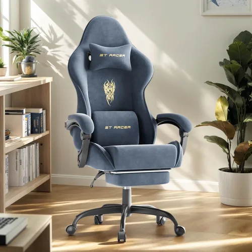 Vista 12 de Soontrans Sillas de tela de terciopelo para juegos con reposapiés, silla ergonómica para videojuegos para adultos, sillas reclinables de escritorio