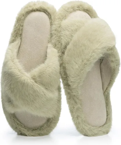 Vista 16 de Pantuflas mullidas para mujer, con banda cruzada, zapatos de casa para mujer, espuma viscoelástica, puntera abierta, silenciosas