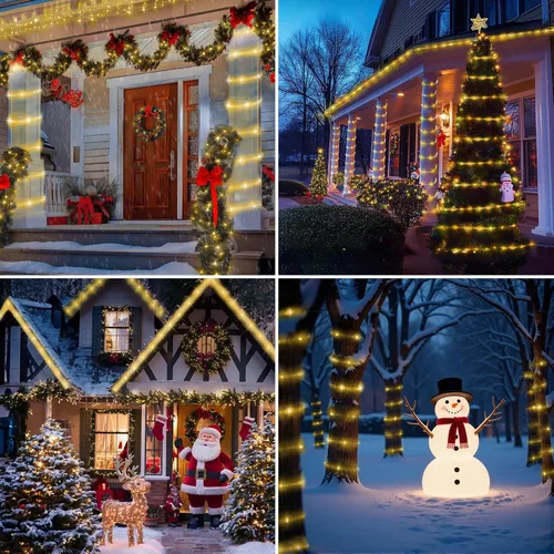 Vista 7 de Jnaurb Paquete de 2 luces de cuerda a pilas para exteriores, total de 66 pies, 200 LED, 8 modos, funciona con pilas, luces de hadas de Navidad