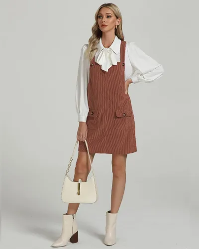 Vista 30 de luvamia Vestido de pana para mujer, tirantes ajustables, casual, a la moda, overoles cortos con bolsillos