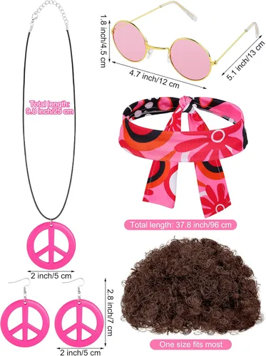 Vista 3 de SOMSOC Paquete de 7 disfraces hippie de los años 70 para mujer, pantalones acampanados bohemios, teñido anudado, diadema, collar, aretes, peluca