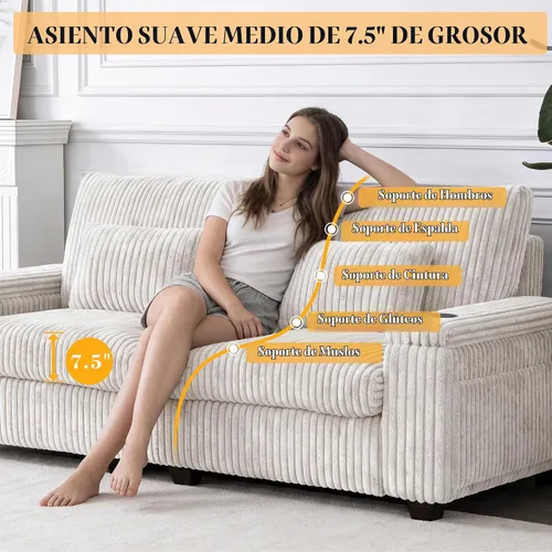 Vista 7 de Sofá biplaza moderno de 91 pulgadas con almacenamiento para sala de estar, sofá de 2 plazas de pana con reposabrazos de almacenamiento, bolsillos