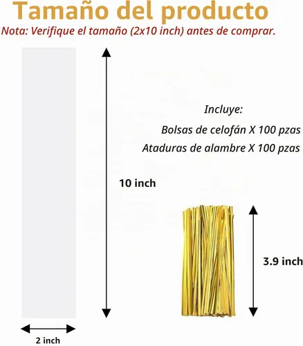 Vista 2 de 100 bolsas de celofán planas transparentes de 2 x 10 pulgadas, bolsas de celofán largas cubiertas de chocolate, bolsas de barras de chocolate