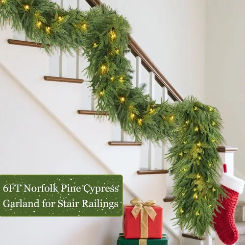 Vista 6 de Guirnalda de Pino Norfolk de Navidad Preiluminada con 30 Luces LED, 8 Modos y Temporizador, 6 Pies por 10 Pulgadas, Tacto Real, 80 Pinos Norfolk