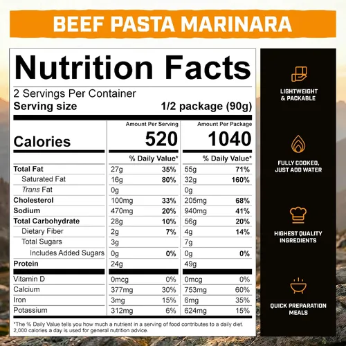 Vista 2 de Peak Refuel Pasta de ternera Marinara Comidas liofilizadas, 1.73 oz