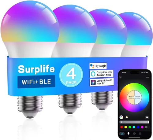 Vista 11 de Bombillas inteligentes, bombilla LED regulable que cambia a todo color, compatible con Alexa y Google Assistant, certificado UL FCC, WiFi de 2.4
