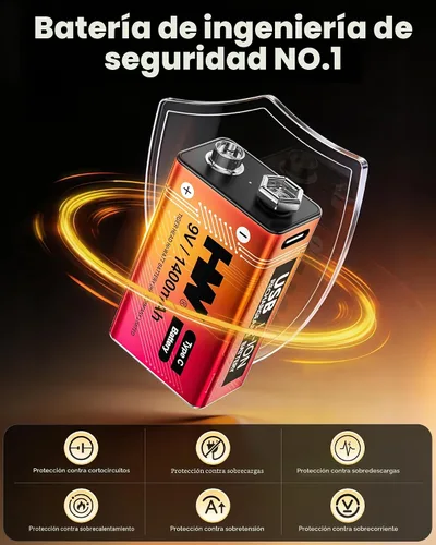Vista 5 de HW Paquete de 4 baterías de 9 voltios, batería de litio recargable de 1400 mAh de 9 V con cable de carga rápida USB C, baterías cuadradas de más