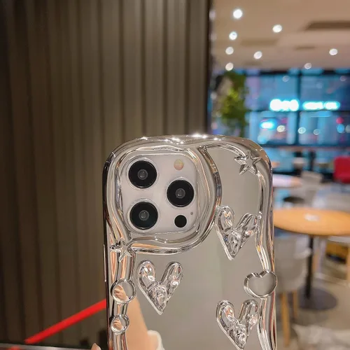 Vista 4 de Funda para iPhone 13 Pro, corazón plateado cromado brillante, funda de teléfono creativa con espejo, corazón 3D chapado con estilo, TPU suave