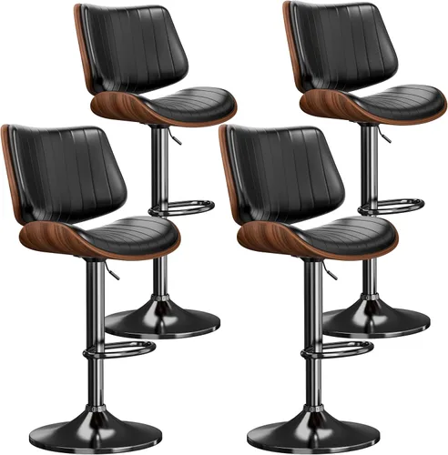 Vista 21 de Juego de 1 taburetes de bar giratorios de madera curvada ajustables para encimera de cocina, moderna silla de bar tapizada de piel sintética