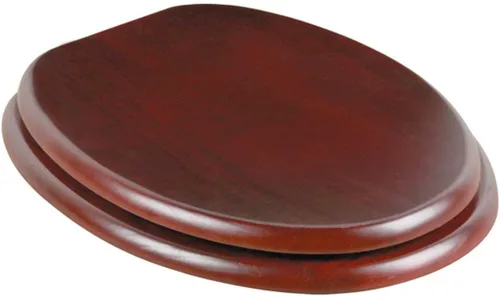 Vista 24 de Renovators Supply Manufacturing Asiento de retrete alargado de madera de caoba ligera con las bisagras de cobre amarillo de PVD y el parachoques
