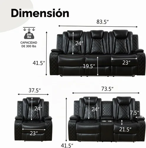 Vista 2 de Sofá reclinable de cuero con carga USB