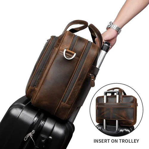 Vista 2 de Augus - Maletín de cuero para hombre de 16 pulgadas, bolso de hombro para laptop con correa de equipaje 100% full-grain leather, YKK zip, fits