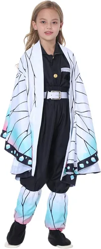 Vista 3 de Disfraz de cosplay morado, conjunto completo de kimono de anime, traje negro, traje completo de Halloween para niños y adultos, talla 110