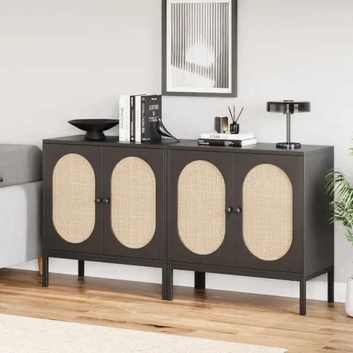 Vista 9 de IDEALHOUSE Gabinete de buffet, armario de almacenamiento de ratán con puertas y estantes, aparador de armario, armario de consola de madera