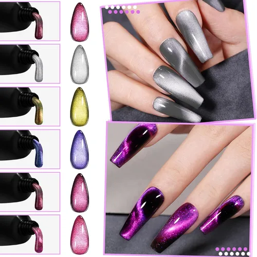 Vista 3 de Kit de uñas de gel de polietileno EBANKU ojo de gato, gel de extensión de 6 colores Kit profesional de mejora de uñas de gel magnético