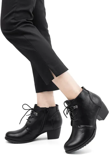 Vista 6 de VJH confort Botines para mujer, con cordones, punta redonda, cómodos, de tacón bajo, con cremallera lateral