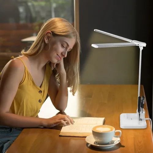 Vista 7 de Qooltek Lámpara de escritorio LED para oficina en casa, lámpara de mesa con control táctil con 5 modos de color y brillo ajustable, brazo oscilante