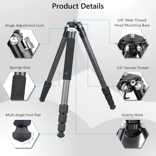 Vista 8 de Trípode compacto de fibra de carbono de 10 capas, soporte de cámara de viaje de carbono, accesorio monopod desmontable, diseño de orificio roscado