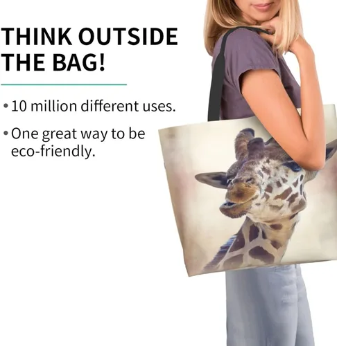 Vista 4 de Bolso de hombro para mujer, divertido bolso de viaje con cara de jirafa, bolsa de almacenamiento reutilizable con asa