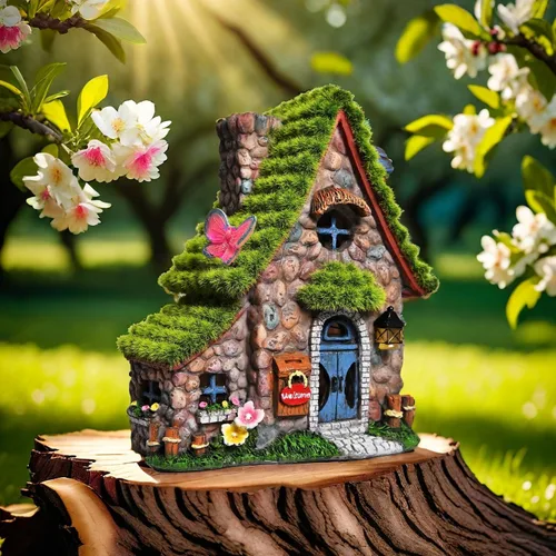 Vista 2 de Estatuas de casa de hadas de resina ASAWASA con luces solares, esculturas de jardín divertidas con decoración flocada y adoquinada, exquisitas