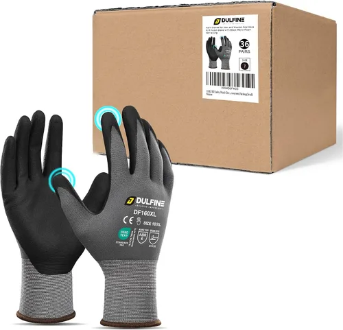 Vista 10 de Guantes de trabajo de seguridad con revestimiento de nitrilo de microespuma, paquete de 12 pares, guantes de nailon de punto sin costuras azules