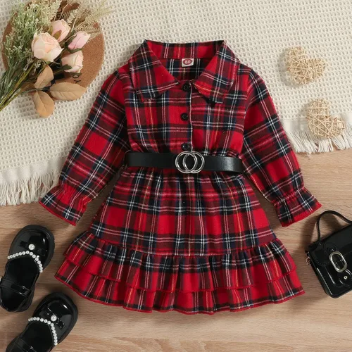 Vista 3 de Conjunto de cinturón de vestir de manga larga con volantes y estampado a cuadros para niñas pequeñas rojo 4-5 años