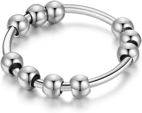 Vista 2 de JILIYUPA Juego de 9 anillos antiansiedad con cuentas para mujer, anillo plateado antiansiedad, anillos antiansiedad para hombres y mujeres, anillos