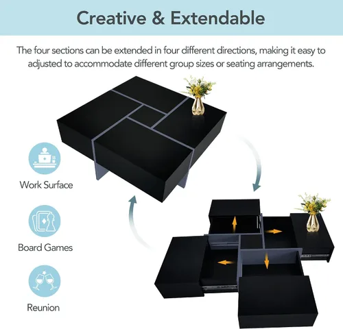 Vista 5 de Polibi Mesa de centro cuadrada con 4 compartimentos de almacenamiento ocultos, mesa de cóctel de diseño único con mesa deslizante extensible, mesa
