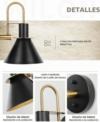 Vista 4 de WILON Juego de dos apliques de pared dorados y negros, lámpara de pared moderna de granja, lámpara de pared industrial para interiores, para baño