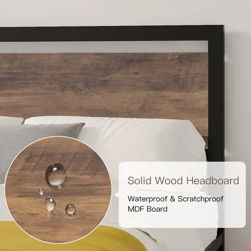Vista 4 de ikalido Base de cama de plataforma de metal completo con cabecero y estribo de madera, soportes fuertes de metal resistente, base de colchón,