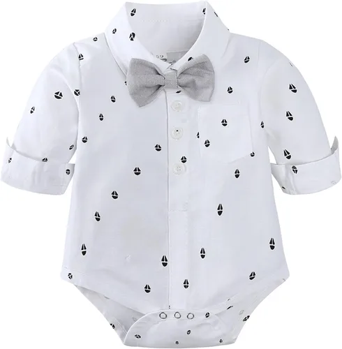 Vista 3 de TAOJIAN Conjunto de traje de caballero para niños pequeños, mameluco con botones para recién nacido+pantalones con tirantes desmontables+pajarita +